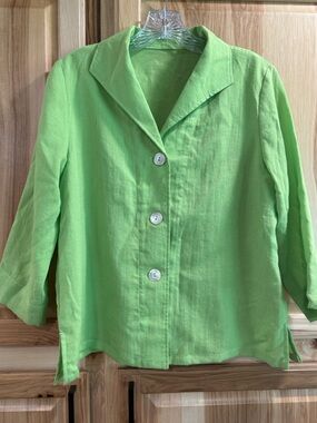Fridaze Bright Green 3/4 Sleeve Button-Front Linen Blazer Jacket Size XS